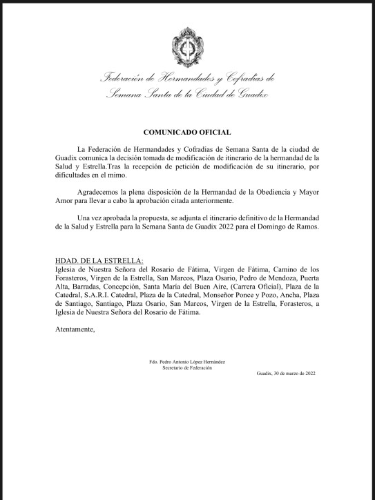 COMUNICADO OFICIAL - Modificación en el itinerario de la Hermandad de Salud y Estrella para la Semana Santa de Guadix 2022