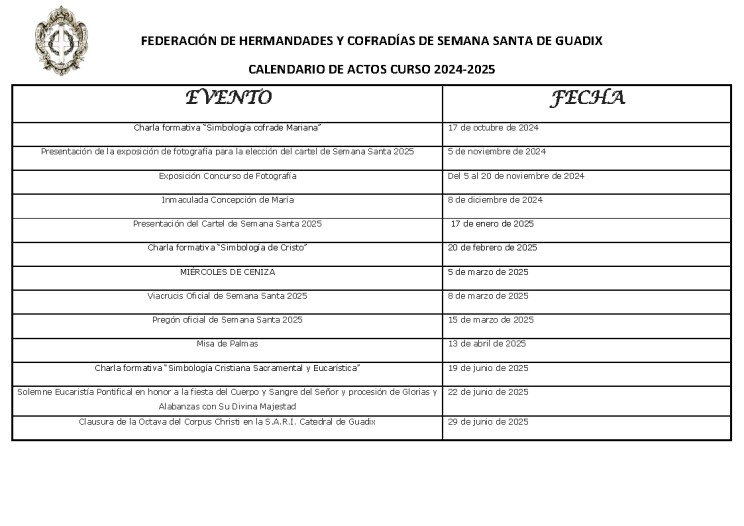 Calendario Cofrade de Actos y Cultos 2024-2025