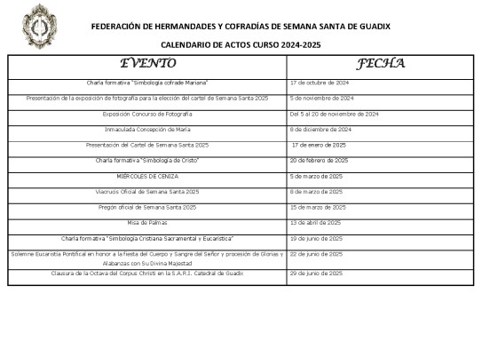 Calendario Cofrade de Actos y Cultos 2024-2025