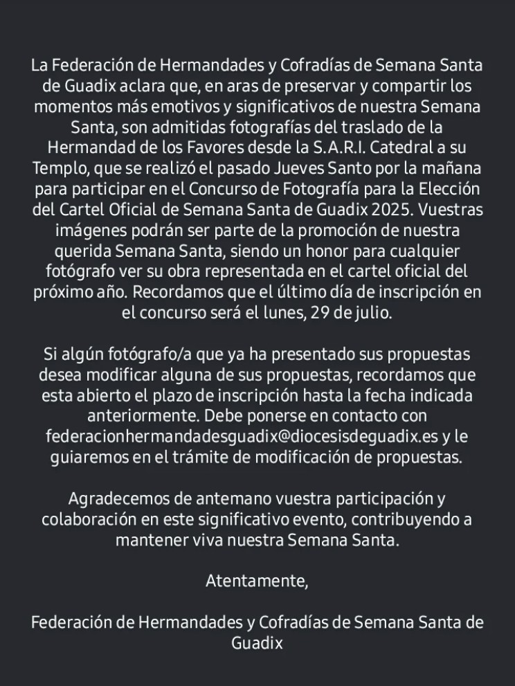 Comunicado de la Federación de Hermandades y Cofradías de Semana Santa de Guadix