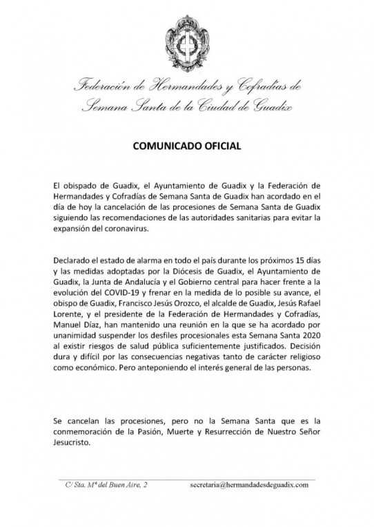 COMUNICADO OFICIAL| Se cancelan las procesiones, pero no la Semana Santa de Guadix que es la conmemoración de la Pasión, Muerte y Resurrección de Nuestro Señor Jesucristo.