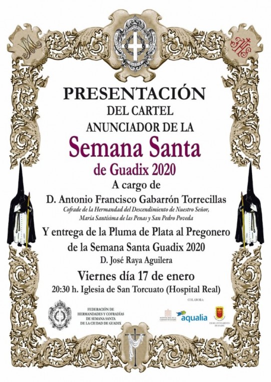 Desde la Federación de Hermandades y Cofradías de Semana Santa de Guadix, recordamos que hoy, viernes, 17 de enero se presentará el cartel oficial de la Semana Santa accitana a partir de las 20:30h en el Hospital Real de la Caridad de Guadix.